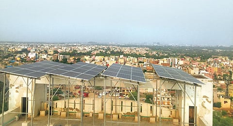 Bestech Park View society in Gurugram installed rooftop solar panels in March and now meets 8 per cent of its electricity requirement from solar power (Photo: Photographs: Sridhar Sekar)