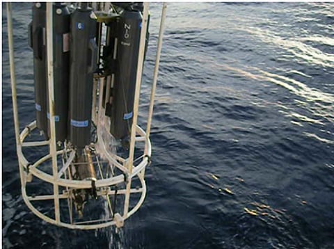 CTD instrument used to make temperature and salinity measurements being deployed Credit: India Science Wire