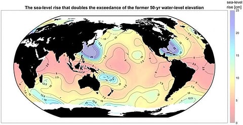 Red areas represent regions particularly vulnerable to small amounts of SLR. The maps in this figure were made using Matlab 2016a (Credit: Nature)