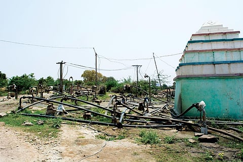 In Andhra Pradesh's Goddumarri village, people have drilled over 40 borewells on a 405 sq m community land next to a temple. This is causing the dry riverbed of the Chritravati, barely 500 metres from the temple, to cave in at places (Photo: Ayesha Minhaz)