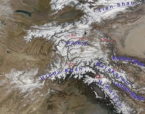 The High Mountain Asia Region consists of major mountain ranges or chains such as the Himalayas, Hindu Kush, Pamirs, Karakoram and Kunlun Shan Credit: Wikimedia