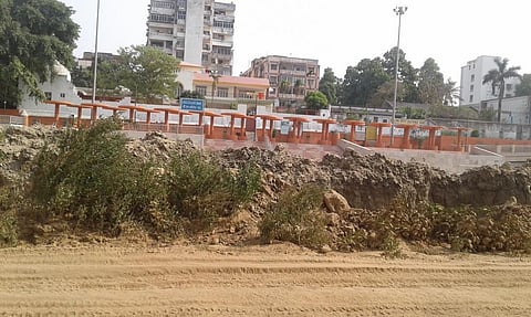 An ambitious ghat beautification plan is underway, but the Ganga has disappeared. Credit: Mohd Imran Khan