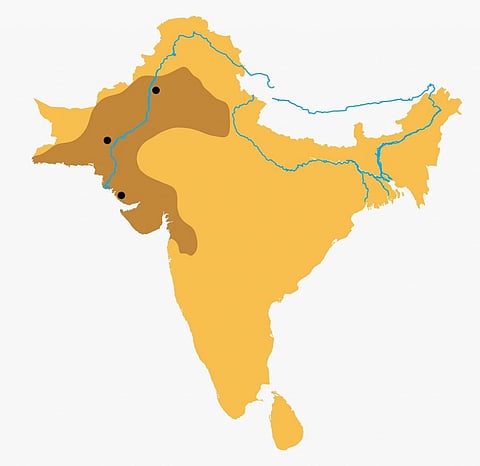 A map of the Indian Subcontinent showing the Indus Valley Civilisation's territorial extent in brown. Credit: Getty Images