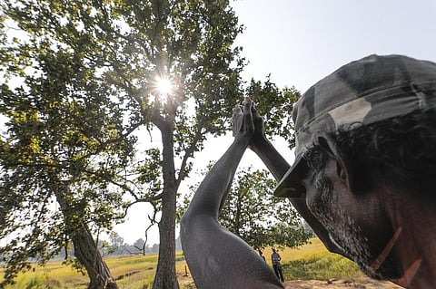 A member of the tribal community worships a sal tree. Photo: Vikas Choudhary