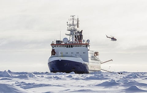 A research icebreaker docked to an ice floe in the Antarctic. Photo: Getty Images