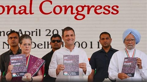 Sonia and Rahul Gandhi and Dr. Manmohan Singh releasing the Congress manifesto. Photo: Twitter
