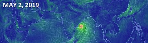 The cyclone moves towards Odisha coast. Image: Earth Nullschool