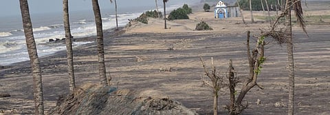 The Satabhaya coastline, the now-abandoned Panchu Barahi Temple, whose resident deities have been shifted elsewhere and Lenka's house before dismantling, in one frame. Photo: Priya Ranjan Sahu