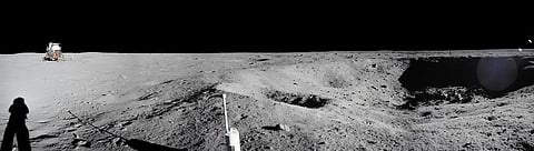 A panoramic view of Apollo 11 Lunar surface photos taken by astronaut Neil Armstrong at Tranquility Base of a crater Armstrong noted during the Lunar Module descent. Photo: NASA