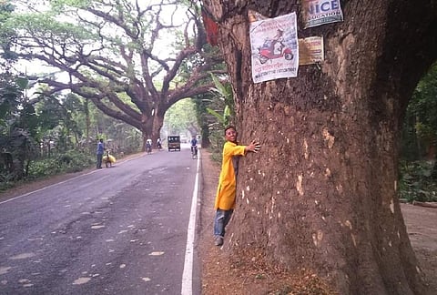 पश्चिम बंगाल के दमदम को बांग्लादेश से जोड़नेवाला जेसोर रोड पर लोगों ने इस तरह पेड़ों को बचाया। फोटो: उमेश कुमार राय