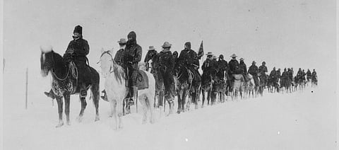 Return of Casey's scouts from the fight at Wounded Knee, 1890--91. The Wounded Knee Massacre was among the worst genocidal attacks against Native Americans in the United States. Photo: Wikimedia Commons