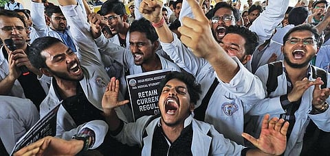 Medical students protest against the National Medical Commission Act in New Delhi Photo: Reuters