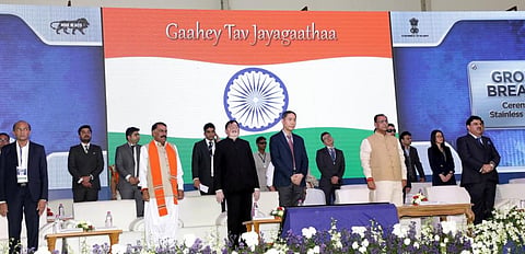 Gujarat Chief Minister Vijay Rupani at the foundation stone laying day of the steel plant to be set-up by Chromeni Steels Pvt Ltd, on·January 23, 2018 Photo: CMO Gujarat @CMOGuj / Twitter