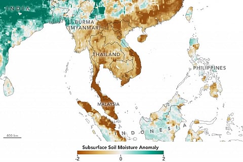Data from NASA's SMAP mission shows the severe dry conditions being experienced in Thailand and neighboring countries. Photo: NASA Earth Observatory