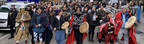 Protestors march in Vancouver, British Columbia in solidarity with the Wet'suewet'en people. Photo: @jwints / Twitter