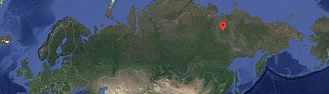 Verkhoyansk in Siberia, shown here by the red dot, is usually known as one of the coldest towns in the world. Photo: Google Earth