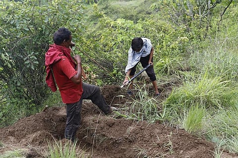 उत्तराखंड के पौड़ी जिले के गांव बौंडुल में मनरेगा कार्य करते ग्रामीण। फोटो: श्रीकांत चौधरी