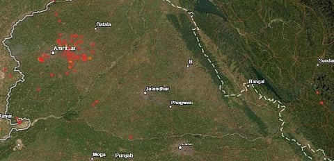 NASA FIRMS satellite image dated September 23, 2020, showing stubble fires in Punjab. Photo: Ananya Kamboj @KambojAnanya / Twitter
