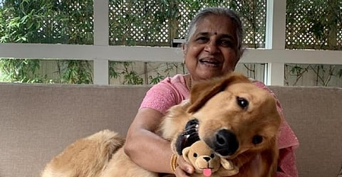 Sudha Murty with her pet dog, Gopi. Photo: Shrutikeerti Khurana