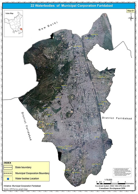 A map showing the 22 waterbodies shortlisted by the author and his team for restoration in Faridabad. Two more were added after an NGT ruling. Photo: Shashwat