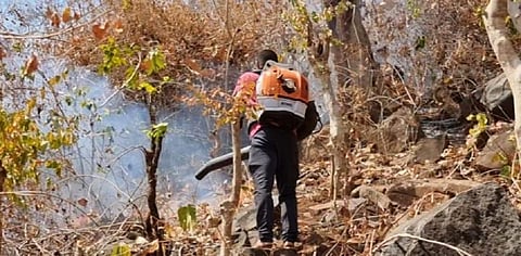 A man dousing a fire in Similipal, Odisha. Photo: Ashis Senapati