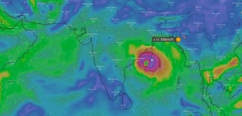 A screengrab from windy.com showing Cyclone Jawad
