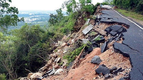 The motorable road on Mysuru's Chamundi Hill has given way in places due to landslides.