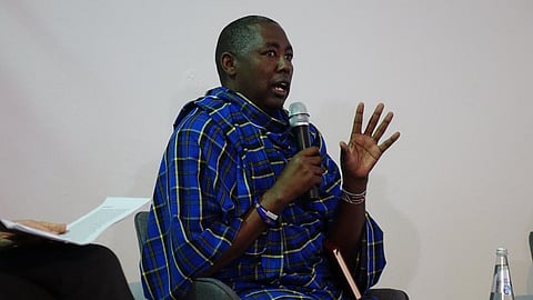 Yannick Ndoinyo, Maasai land rights activist makes a point during Survival International's Berlin conference on April 28, 2022. Photo: Survival international