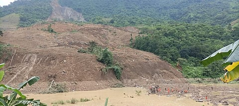Debris from the landslide in Manipur has blocked a portion of the Ijai river. Photo: Sobhapati Samom