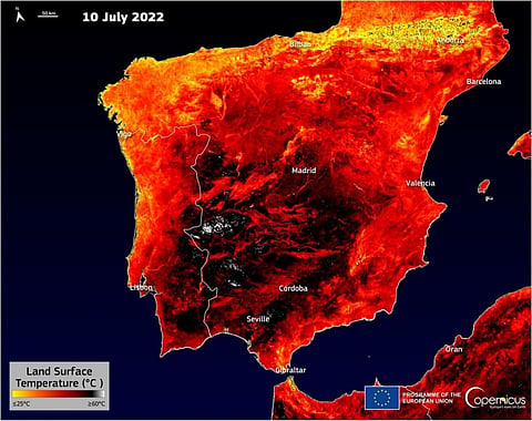 A map of the Iberian Peninsula (Spain and Portugal) tweeted by Copernicus July 13