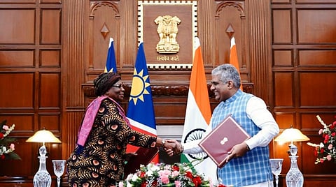 Union environment minister Bhupender Yadav and Namibian Minister of International Relations Netumbo Nandi Ndaitwah sign the MoU in New Delhi. Photo: @byadavbjp / Twitter