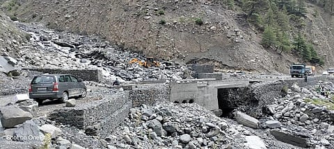 A road in Himachal Pradesh's Lahaul-Spiti region blocked after a cloudburst. Photo: Rohit Prashar