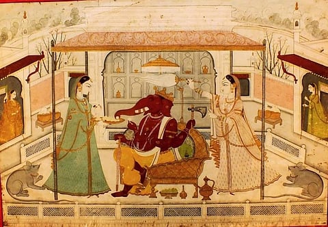 An 18th century Pahari miniature painting from north India showing Riddhi and Siddhi offering modaks to Ganesha. Photo provided by Saili Palande Datar