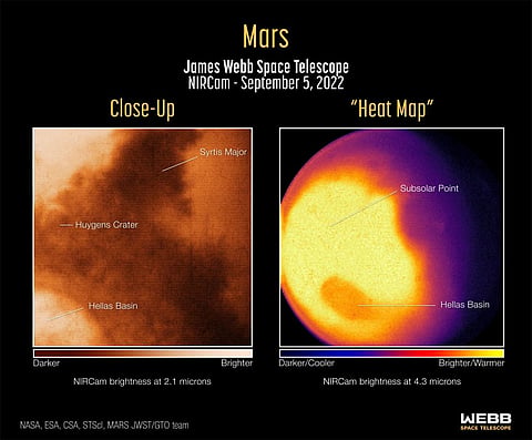 A close up of Mars’ surface features on the left, while a ‘heat map’ on the right shows light being given off as the planet loses heat. Photo: @NASAWebb / Twitter