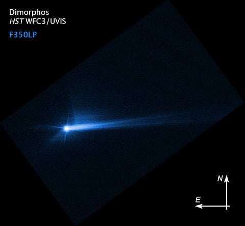 This imagery from NASA’s Hubble Space Telescope from October 8, 2022, shows the debris blasted from the surface of Dimorphos 285 hours after the asteroid was intentionally impacted by NASA’s DART spacecraft on September 26, 2022. Photo: NASA