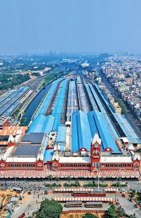 Chennai Central meets 100 per cent of its energy requirement with solar panels installed at the station’s platform shelters (Photograph: Ashwini Vaishnav / Twitter)