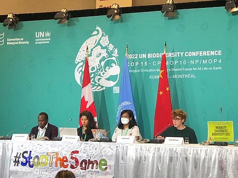 Derrick Mugisha (L) of GYBN Uganda, Mirna Fernandez and Cyril Hermann (R) at the press meet. Photo: @CBD_COP15 / Twitter