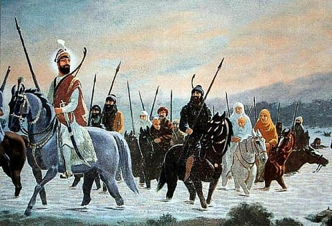 Guru Gobind Singh crossing the Sarsa. Photo: Wikimedia Commons