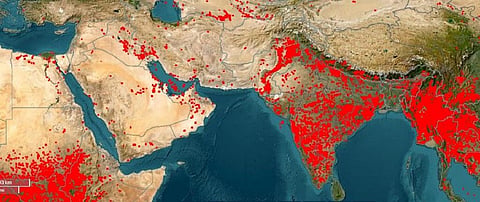 Red points on the map indicate fire incidents in India. Image: NASA Fire Information for Resource Management System.
