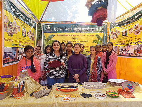 Tejashwi Pathak (left) with members of the Baudhanchal self-help group at a handicraft festival in Uttar Pradesh