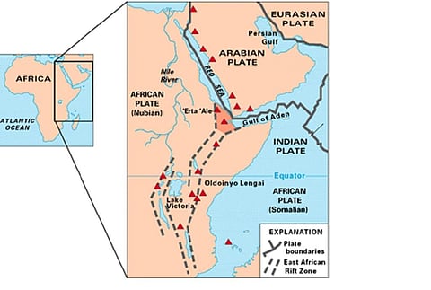 Map of East Africa showing the two parts of the African Plate (the Nubian and the Somalian) splitting along the East African Rift Zone. Image credit: United States Geological Survey.