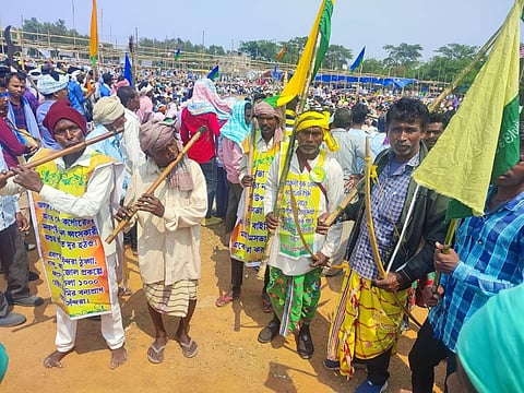 On March 31, 2023, Adivasis from the Purulia district participated in a meeting with their traditional musical and agricultural instruments and weapons. Photo: Mrinalini Paul