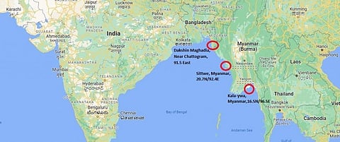 The likely places where Mocha could make landfall. Source: Tropical Weather Outlook report, IMD on May 5, 2023