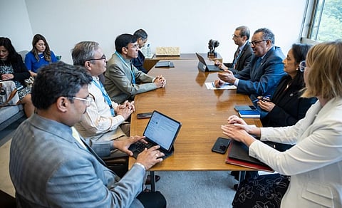 Union Health Minister Mansukh Mandaviya in a meeting with WHO Director-General Tedros Adhanom Ghebreyesus on the sidelines of the World Health Assembly. Photos: @DrTedros / Twitter
