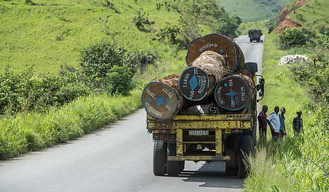 An old truck transports huge logs of tropical timber out of the rainforest from Kinshasa to the port of Matadi in Congo in 2014. Photo for representation from iStock