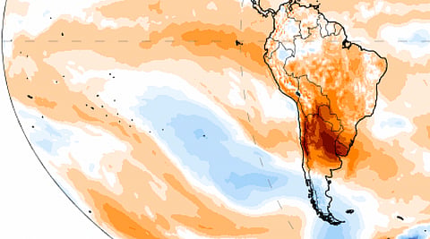 Temperature anomaly on Wednesday August 2 2023. Red areas of Chile and northern Argentina are much hotter than the long-term average for this time of year. Photo: ClimateReanalyzer.org, CC BY-SA
