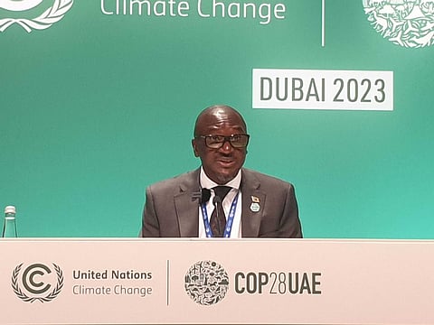 Collins Nzovu, chair of the African Group of Negotiators, addresses a press conference on December 9 at COP28. Photo: Josh Gabbatiss
@Josh_Gabbatiss / X