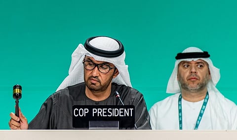 Sultan Al Jaber, COP28 President onstage during the Global Climate Action High-Level Event (closing): Uniting on the Pathway to 2030 and Beyond at the UN Climate Change Conference COP28 at Expo City Dubai on December 11, 2023, in Dubai, United Arab Emirates. (Photo by COP28 / Christopher Pike)
