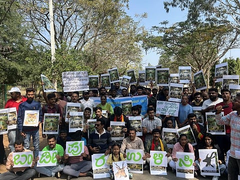 Protests in Mysuru over the Nilambur-Nanjangud railway line. Photo: Coovercolly Indresh