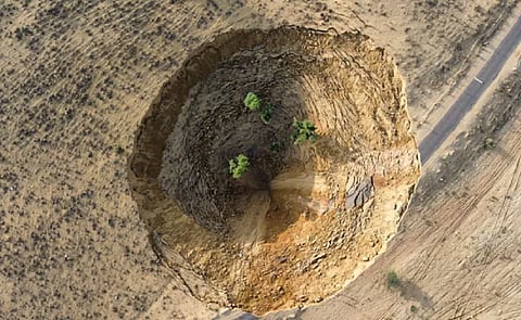 In Sahjarasar village of Lunkaransar tehsil of Bikaner district, one and a half bigha of land caved in at 3.30 am on April 16, 2024. Photo: Google Earth